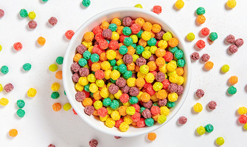 Top view of colorful popped breakfast cereals