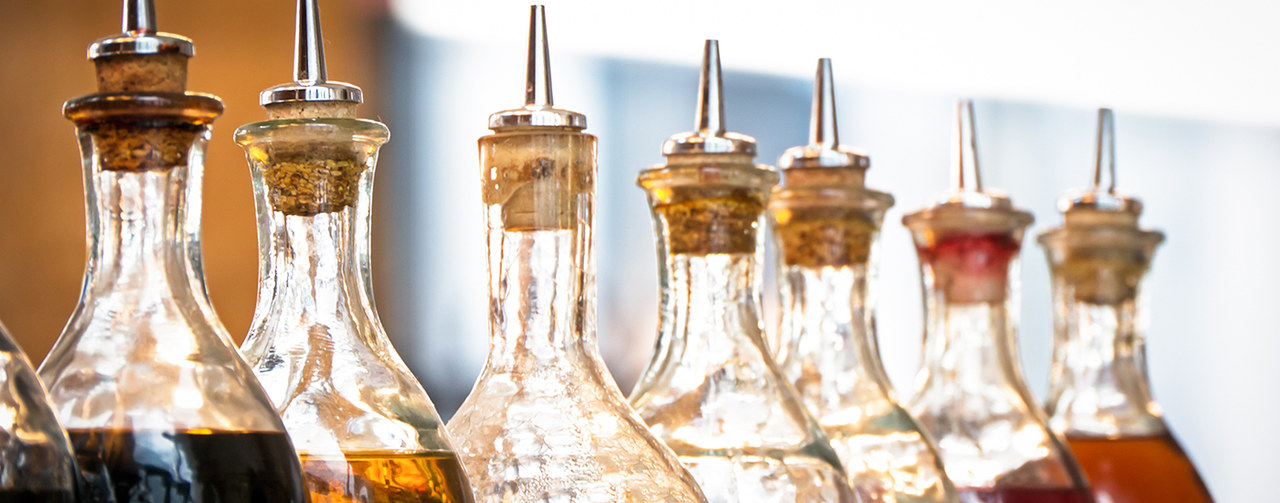 Close up of vinegars bottles