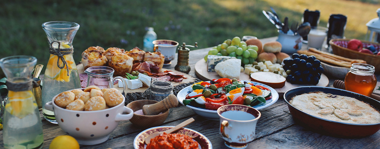 High angle image of a rustic, wooden food table