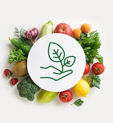 Top view of a pastille with the clean label pictogram on fruits and vegetables