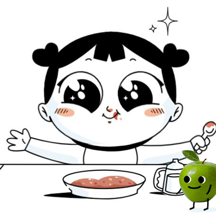 drawing of a happy little girl in front of her plate with an apple character 