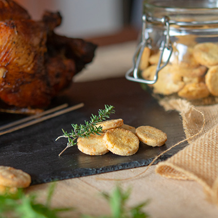 Savory organic chicken biscuit on slate