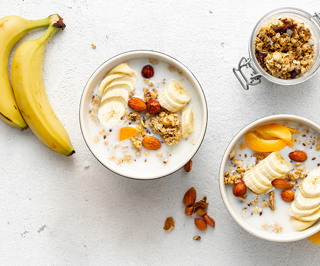 Top view of breakfast cereals with bananas ingredients