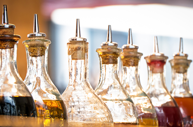 Close up of vinegars bottles
