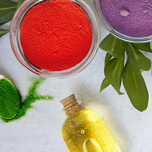 Top view of various and colorful powders and concentrate