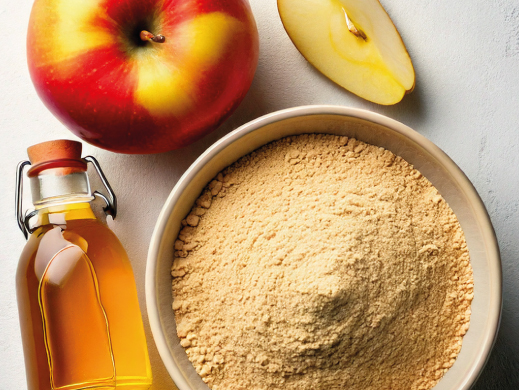 apple cider vinegar Apple cider vinegar bottle with apples background and vinegar powder