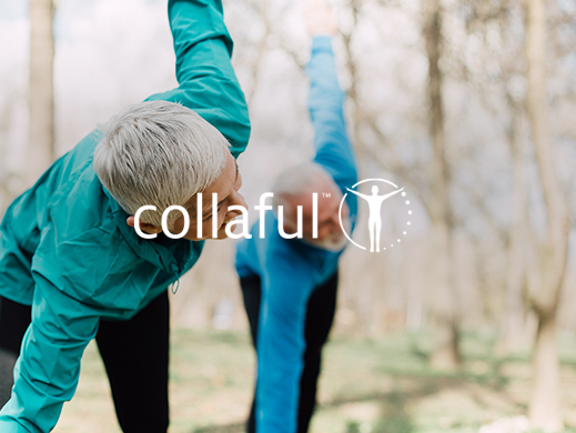 Collaful brand on a photo of people stretching